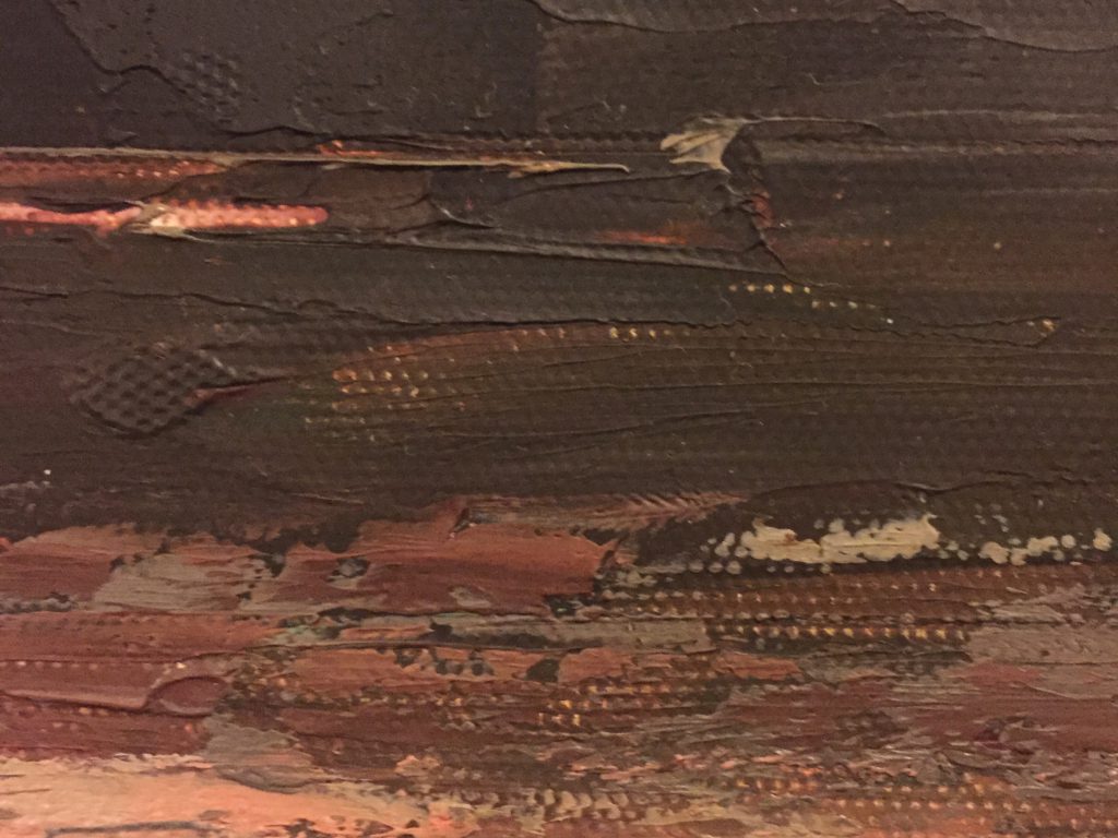 Close up of painting with thick brush strokes over textured canvas