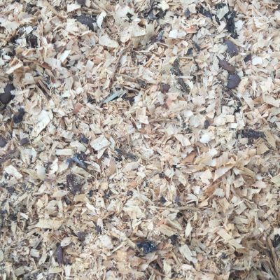 Light colored wood chips covering ground