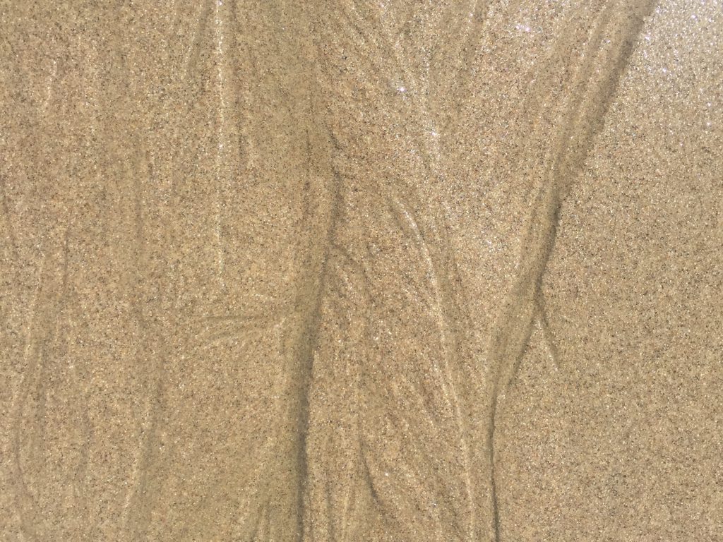 Dark sandy beach wet from tide and ripples in sand