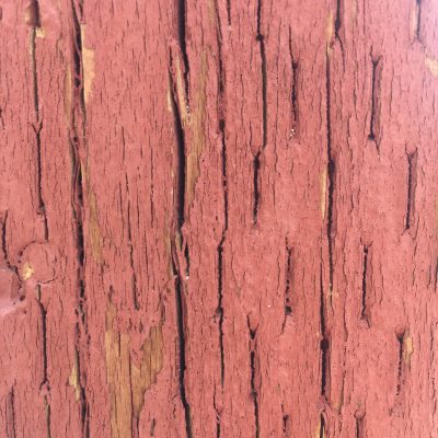 Chipping red paint on splintering dry wood