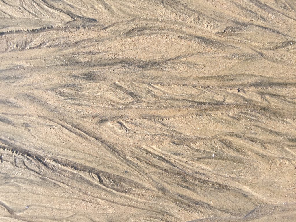 Wet beach sand carved out by streams of water